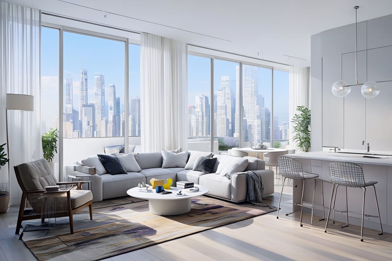 Modern Minimalist Living Room With Cityscape View and Sleek Decor