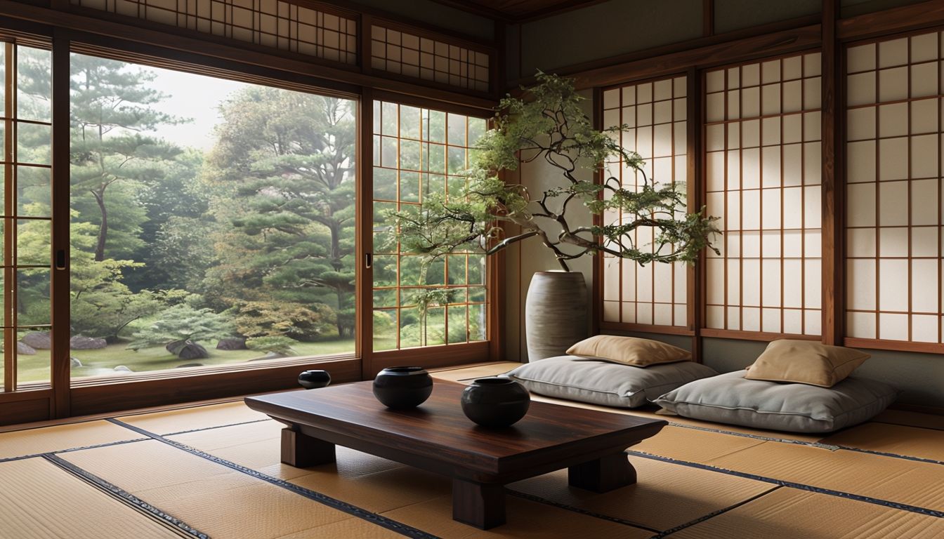 Serene Minimalist Japanese Room With Tatami Mat And Bonsai Tree