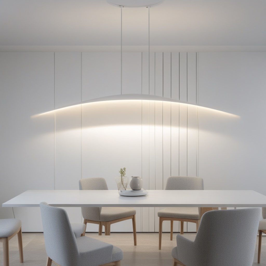 Minimalist Lighting. Modern Design. Large Hanging Modern Light Above Small Table and Four Chairs with Decorative Items on the Table. 