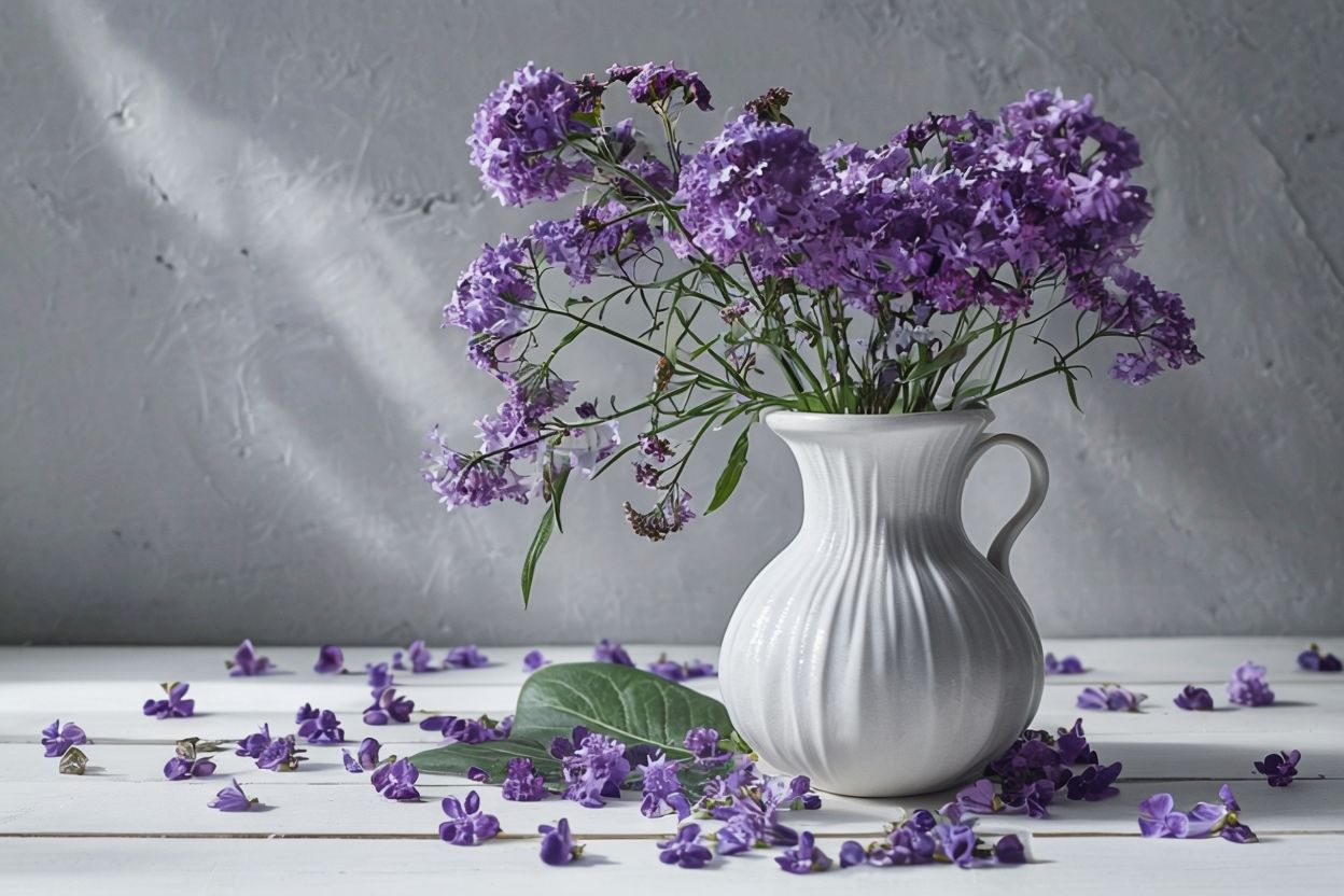 Minimalist Design and Plants. White Ceramic Vase with Purple Flowers on a Wooden Table