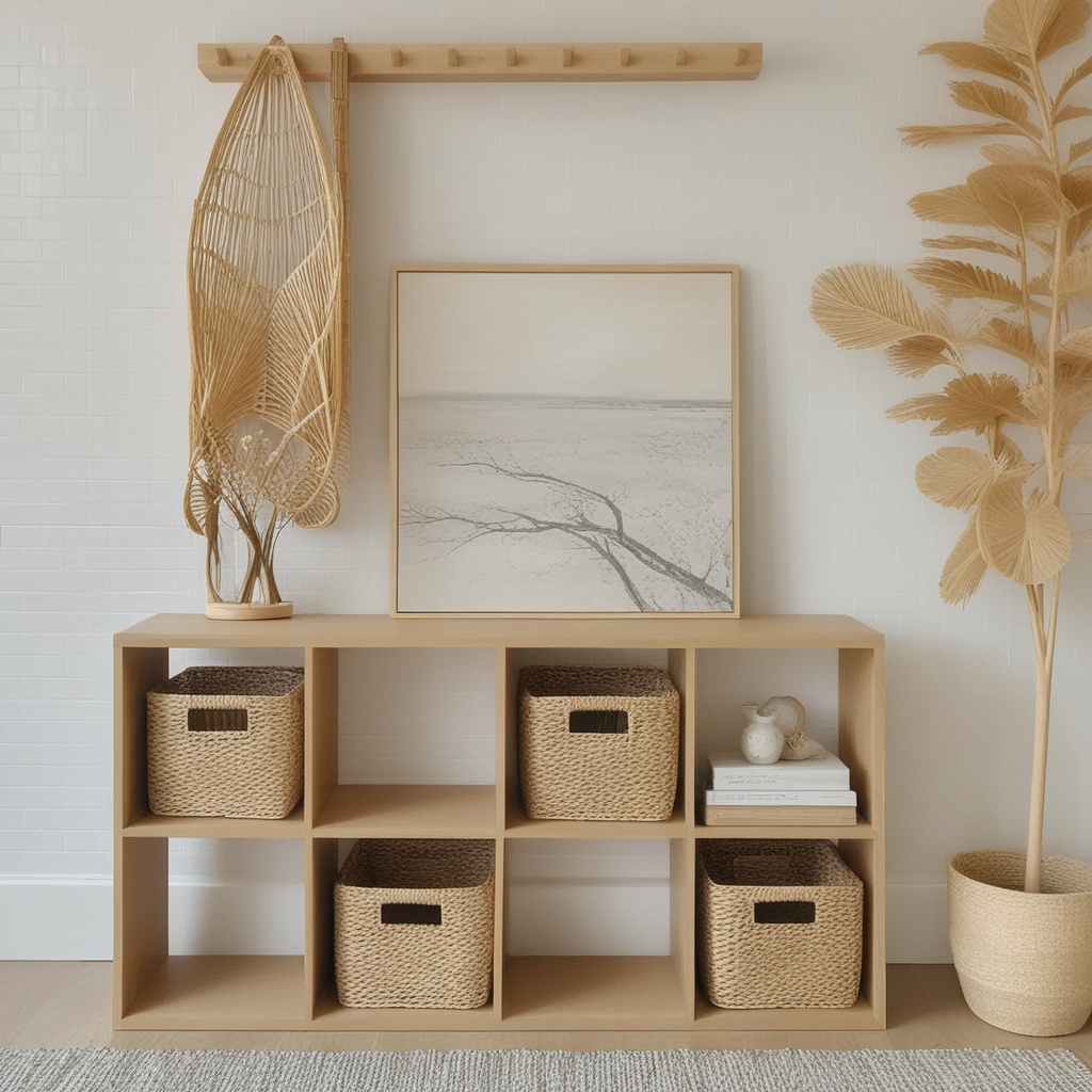 Minimalist Storage Design. Wooden Storage Shelf with boxes and Decorative Items.