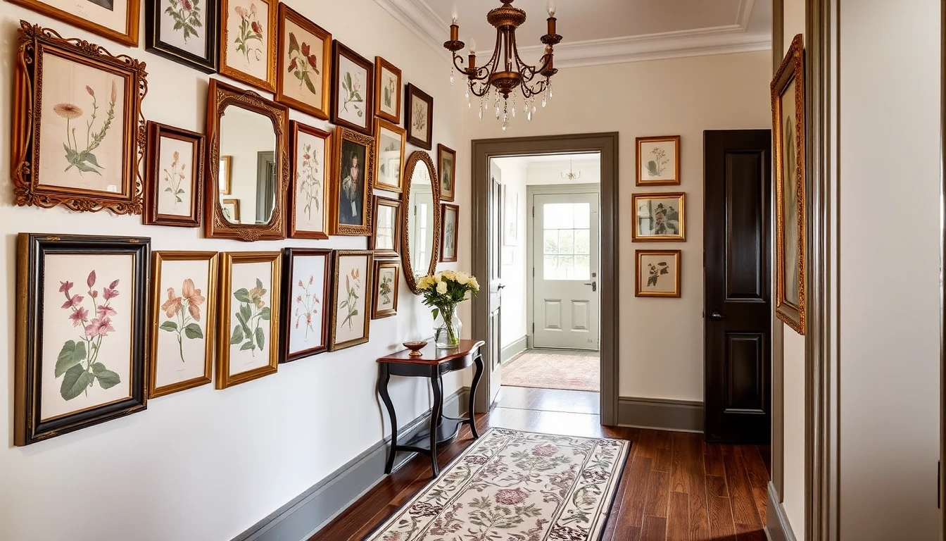 Victorian house hallway with a gallery wall with vintage-style frames, Victorian runner and two small accent tables