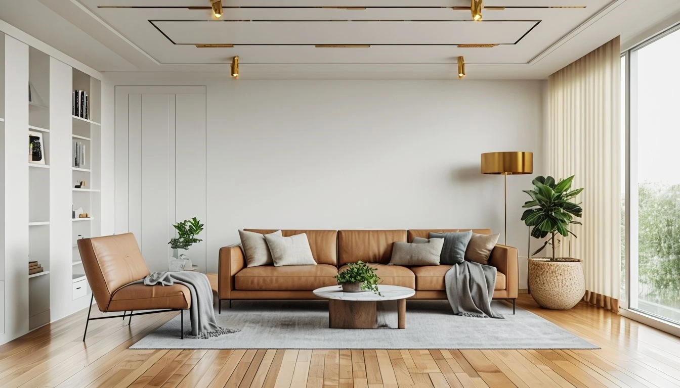 Minimalist Family Room With Tan Sofa 