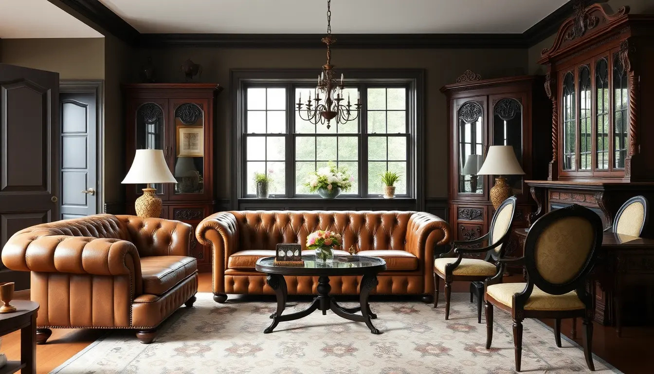 Victorian house family room with Chesterfield sofa mahogany cabinets