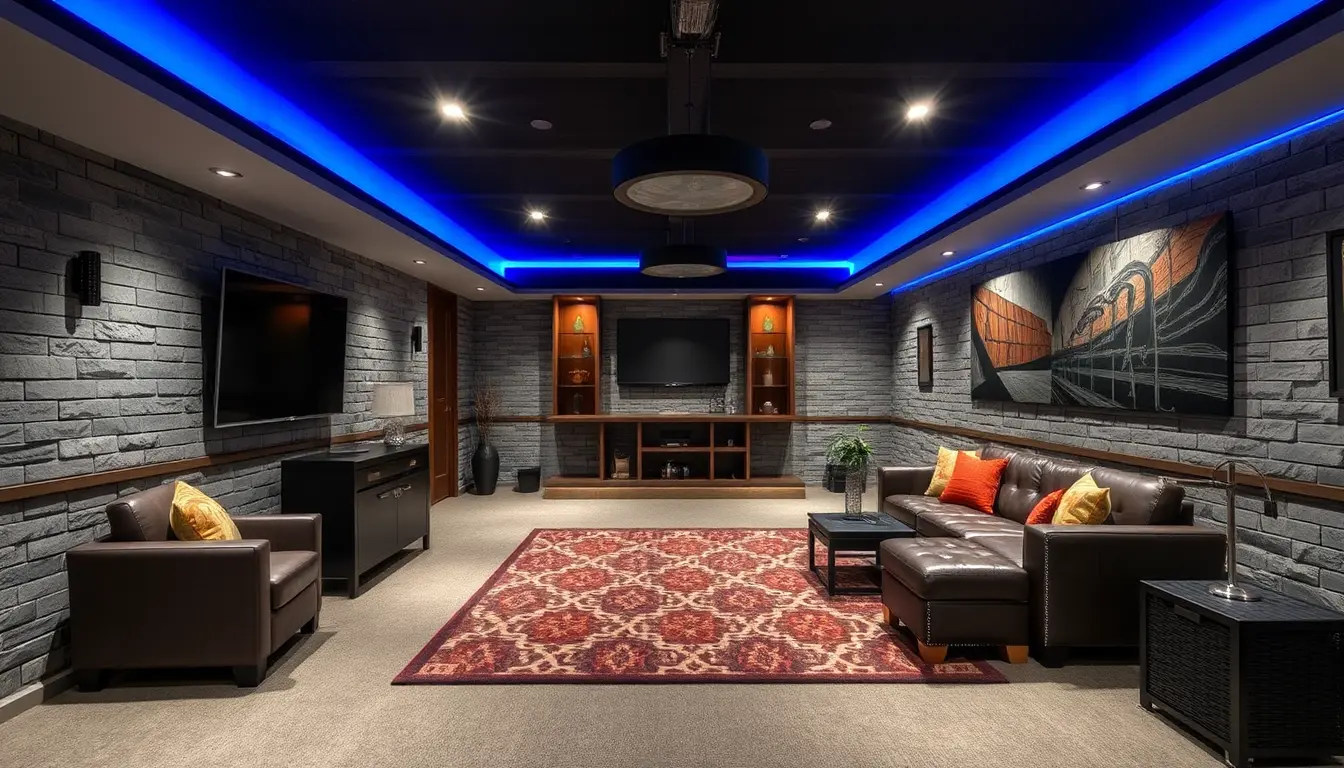 Modern Basement Man Cave with Neon Lights