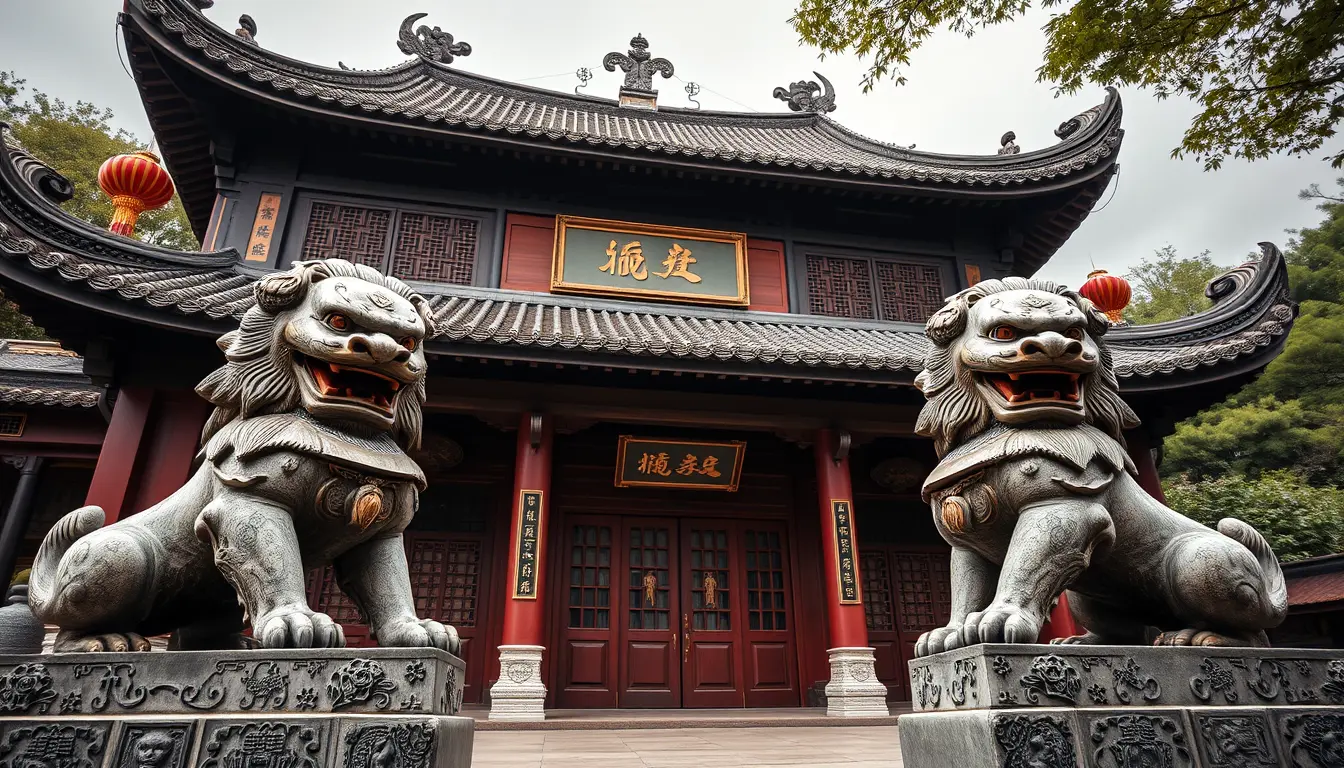 Traditional Chinese house with stone lions guarding the entrance