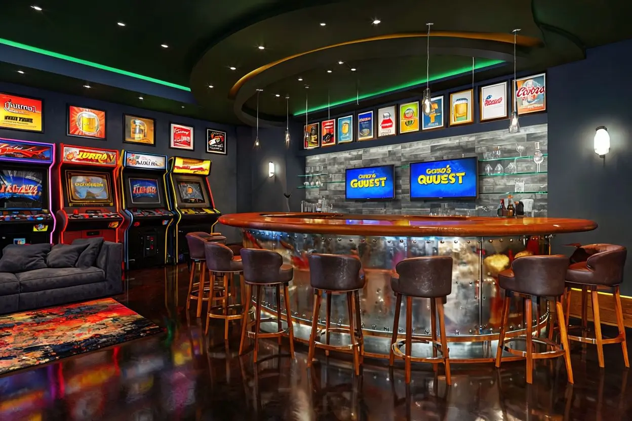 Garage Man Cave with a Bar and Arcade Games