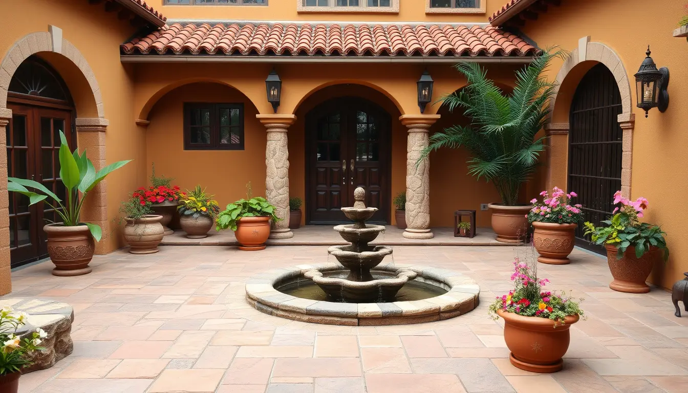 Spanish Style homes -courtyard with terra cotta tiles and decorative stonework