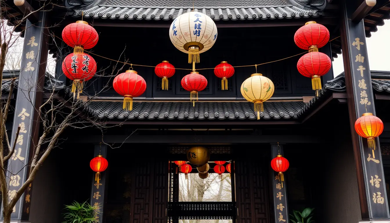 Traditional Chinese House with Lanterns in courtyard