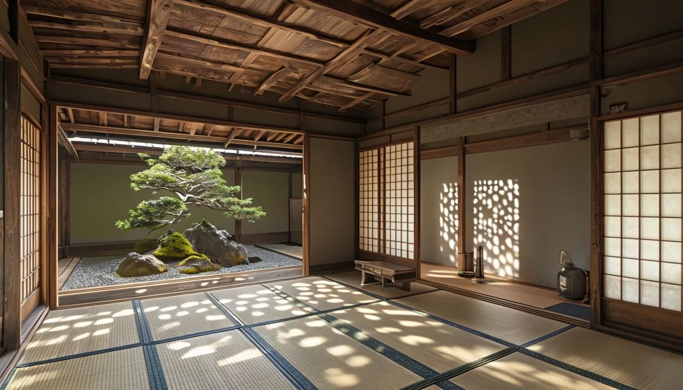 Minimalist Traditional Japanese Room With Shoji Doors and Indoor Garden