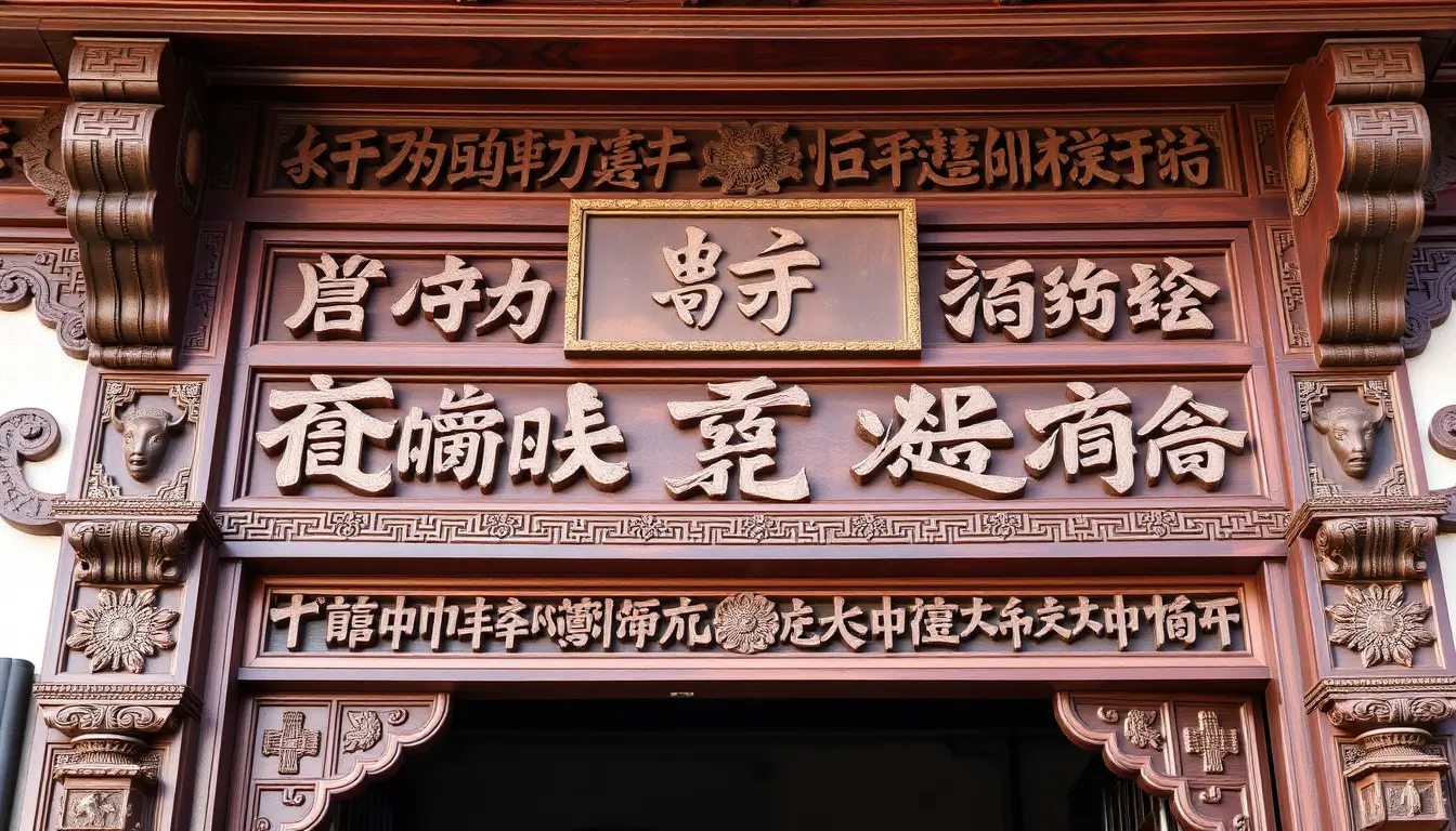 Detailed Wooden Carvings - Doorframe with auspicious symbols carved into a traditional Chinese doorframe